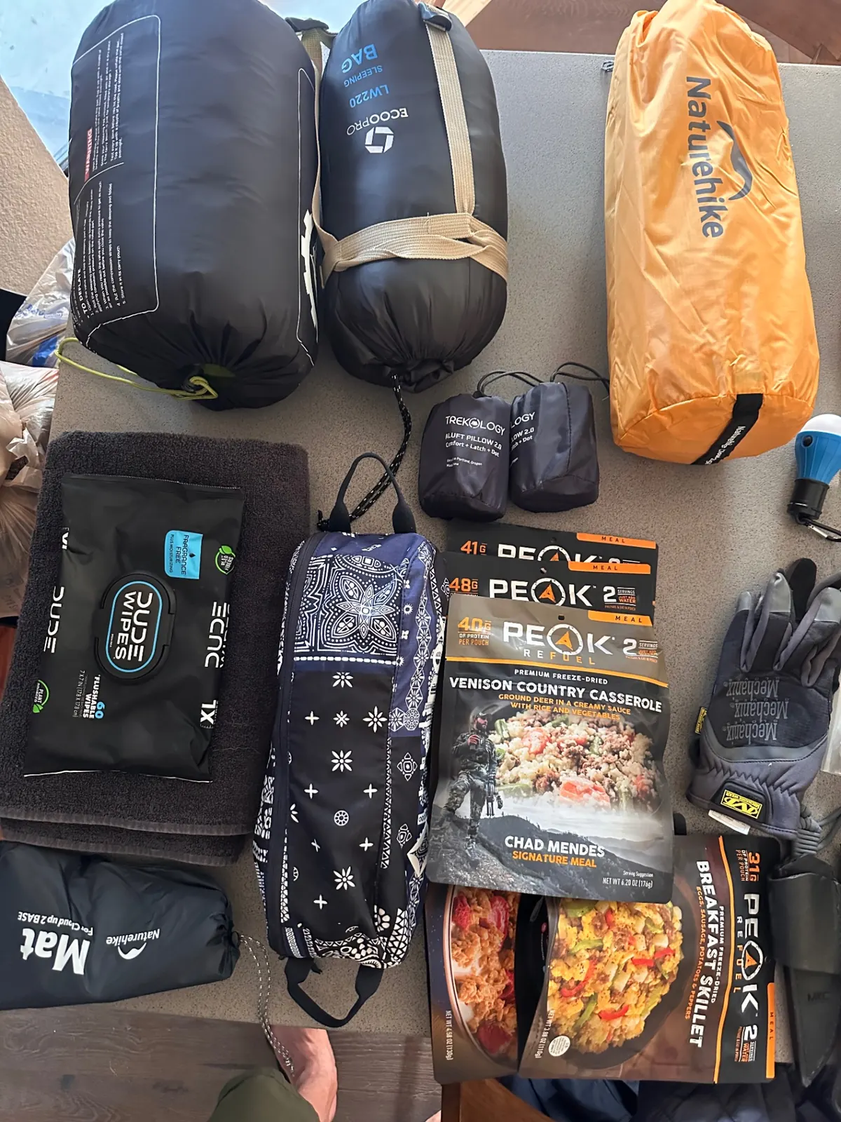 Sleeping bags, pad, pillows, wipes, meals, and gloves