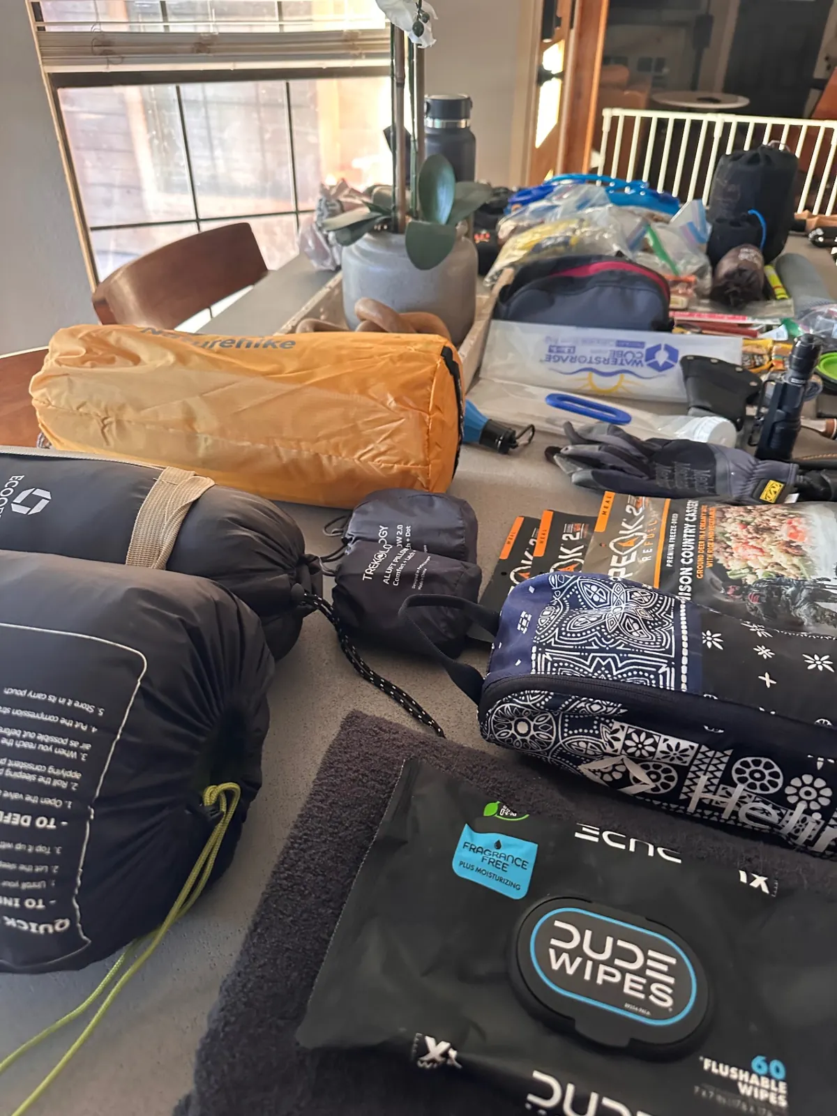 Sleeping bag, sleeping pad, pillow, meals, wipes, and toiletry kit