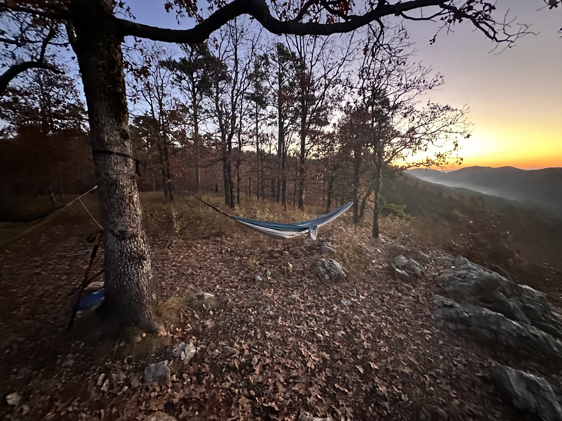 Hammock hung between trees at a ridge overlook at dusk