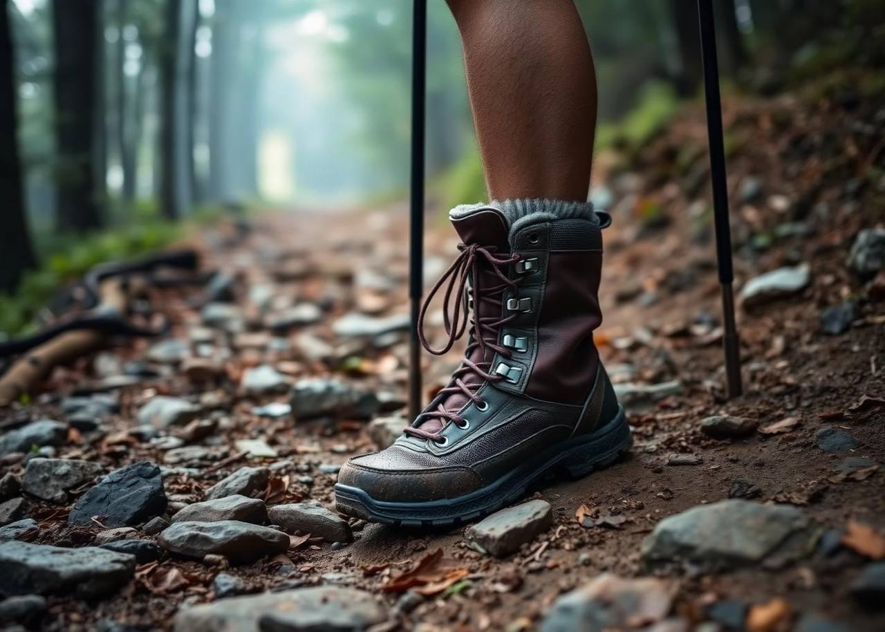 Worn hiking boots on a rocky trail