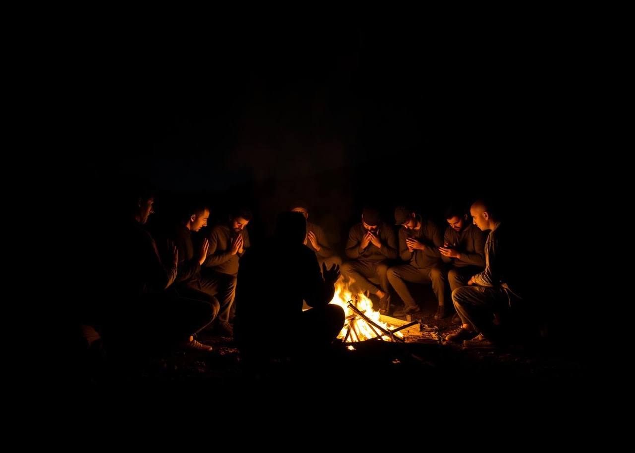 Men praying together on the trail in brotherhood