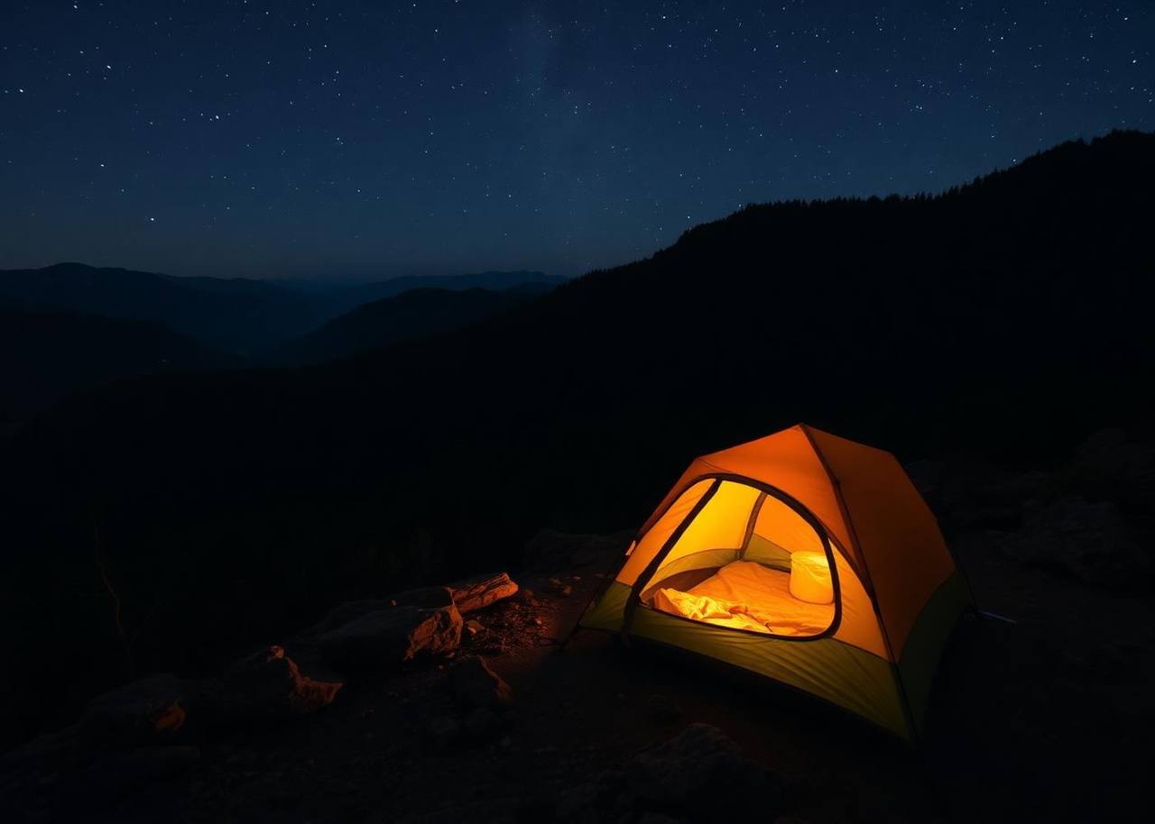 Wilderness backpacking campsite at dusk