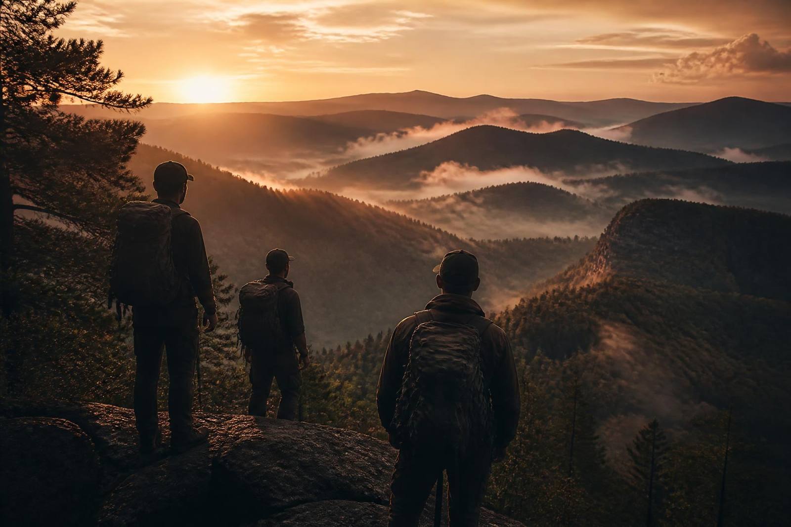 Backpackers on a misty mountain ridge at sunrise, Ouachita National Forest