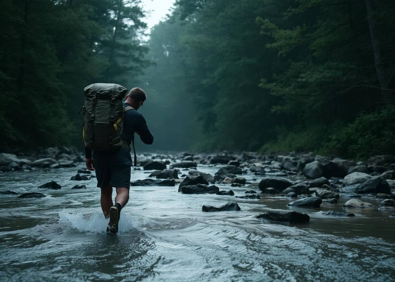 Backpacker crossing a rocky river with a loaded pack